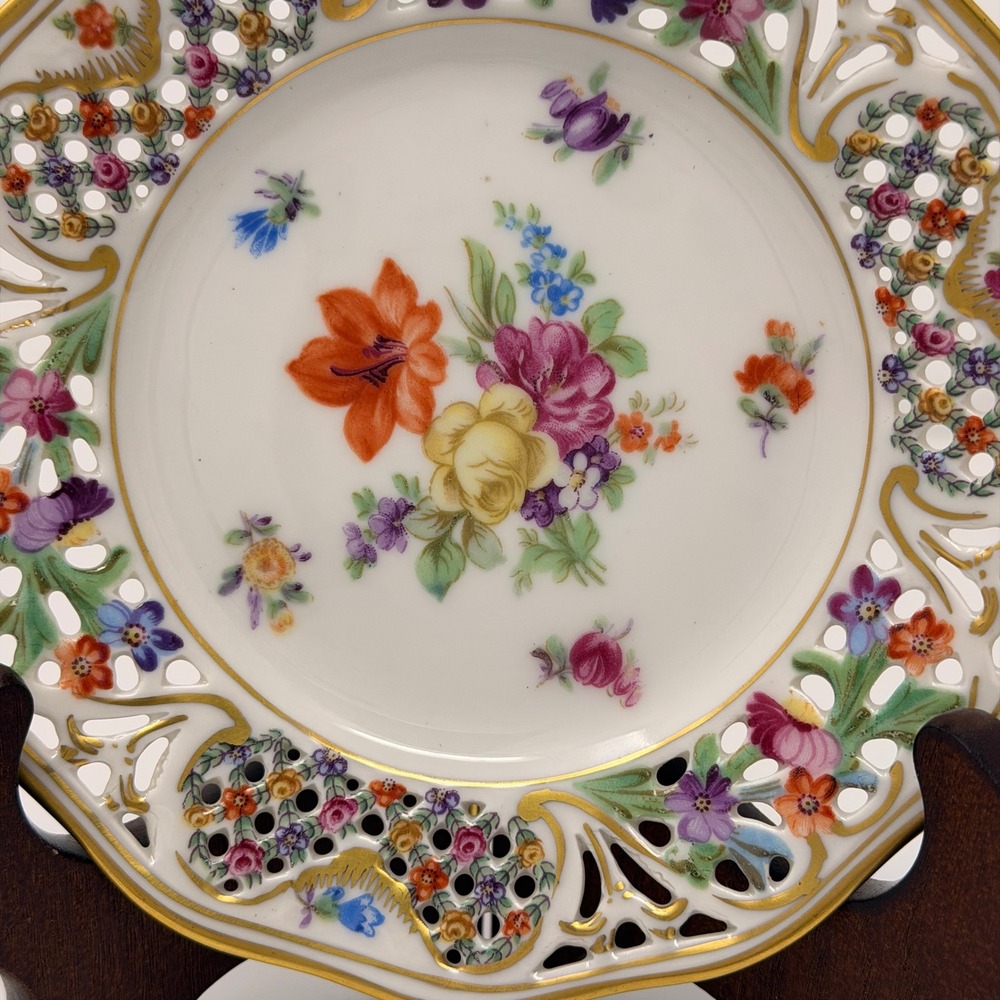 Vintage Schumann Arzberg Germany Chateau Dresden Flowers 6" Reticulated Plate - Picture 7 of 12